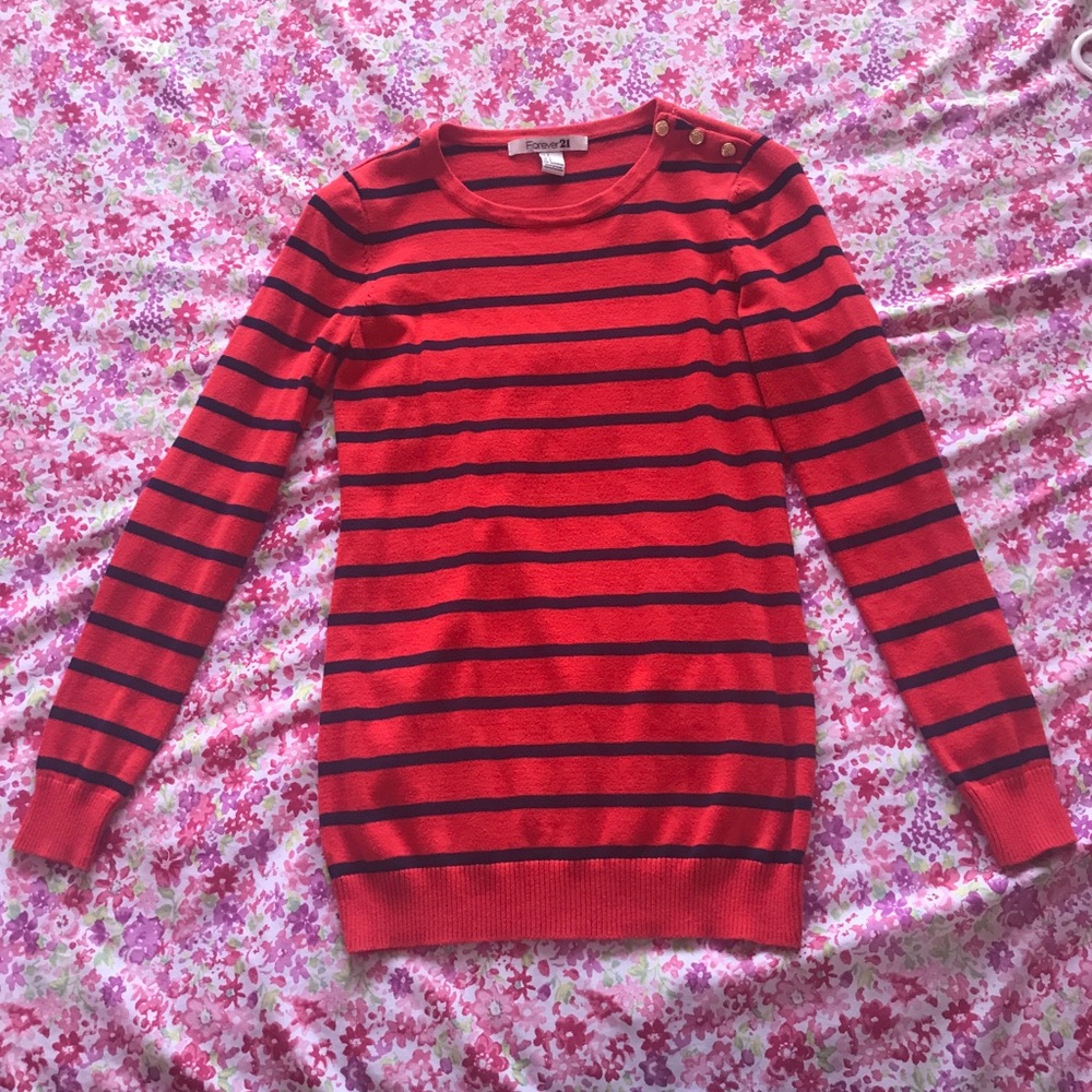 orange and navy blue striped scoop neck sweater